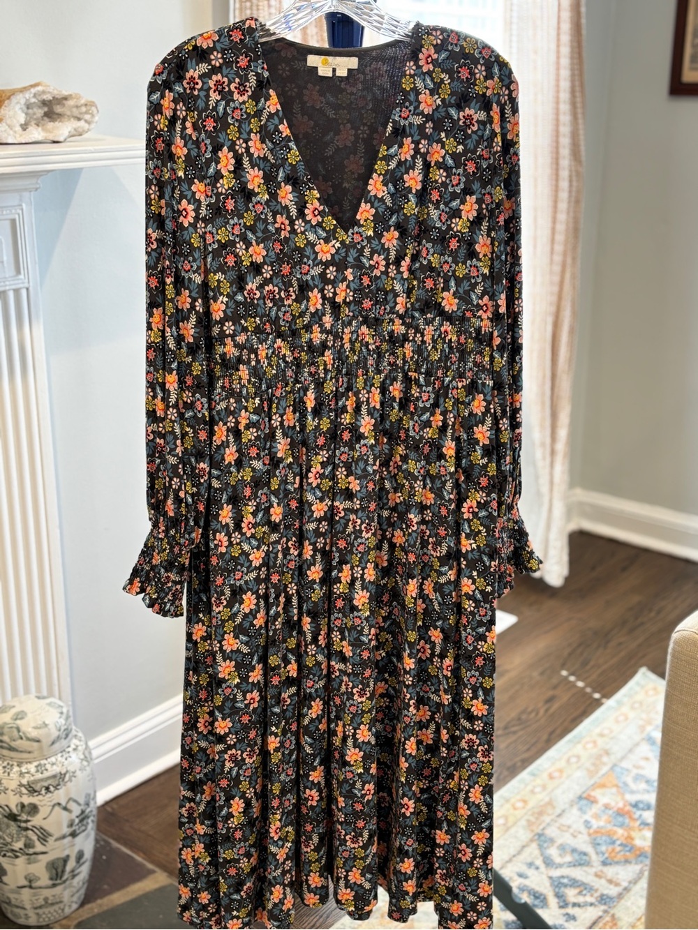 Boden Floral Smocked Long Sleeve Midi Dress with Pockets NWOT